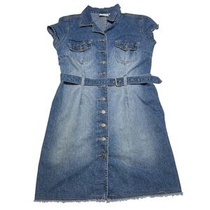 Vintage Faded Glory Denim Jean Button Up Dress w Belt Missy Size 11/12  90s Y2K